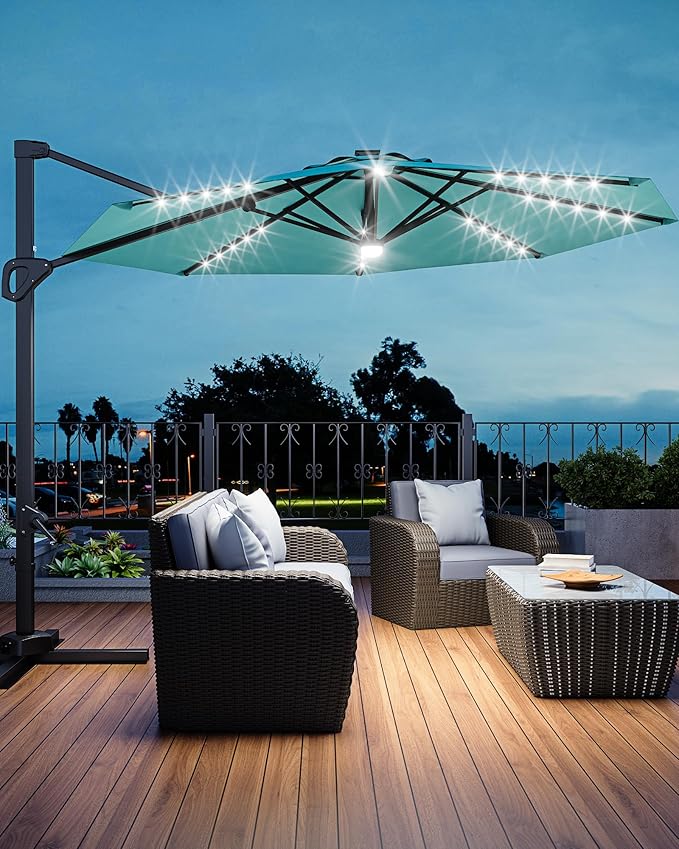 GarveeLife 10 ft Cantilever Umbrella Outdoor Patio Umbrella Solar LED w/Base Included Market Offset Umbrella Sun Shade Windproof with 360-Degree Rotation for Patio Garden Deck Pool, Turquoise Blue