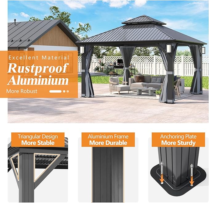 GARTOO 12'x12' Outdoor Hardtop Gazebo with Double Roof - Heavy-Duty Galvanized Steel Top Aluminum Frame Gazebowith Solar LED Light, Breathable Netting & Privacy Curtain for Patio, Garden, Backyard