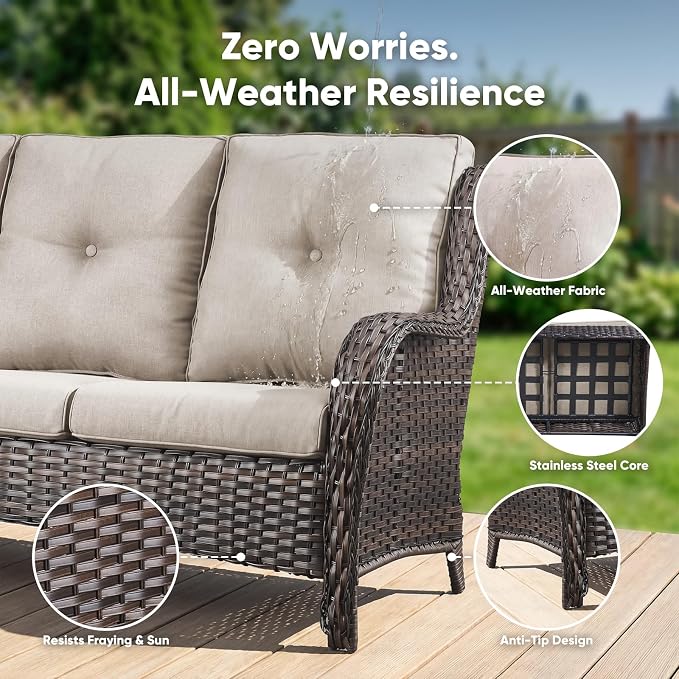Belord Patio Sofa Luxury PE Wicker 3-Seater Outdoor Couch, Modern All-Weather High Back Deep Seat Woven Furniture Set for Porch, Deck, Balcony, Backyard - Brown/Beige