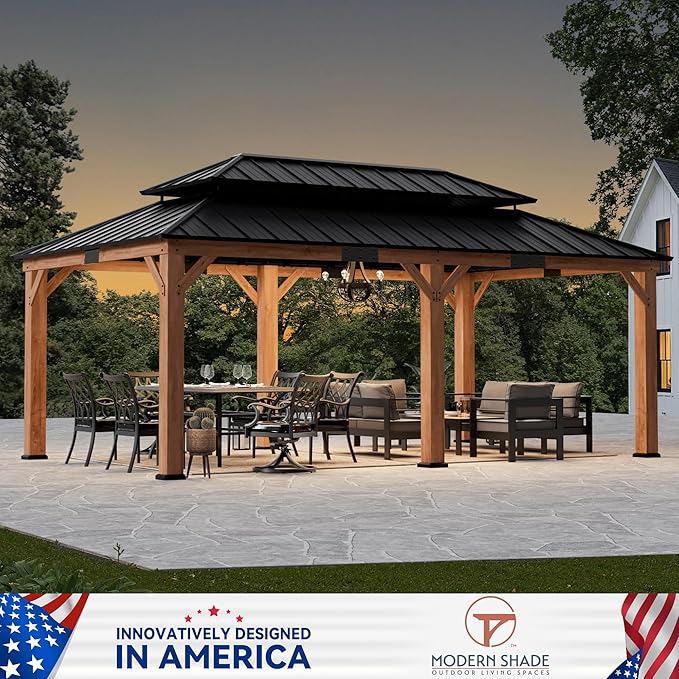 Modern Shade Rosewood Wood Gazebo 12' x 20', Hardtop Gazebo Permanent with Double Galvanized Steel Roof, Cedar Outdoor Gazebo with Sturdy Hooks for Garden, Backyard, Patio, and Deck
