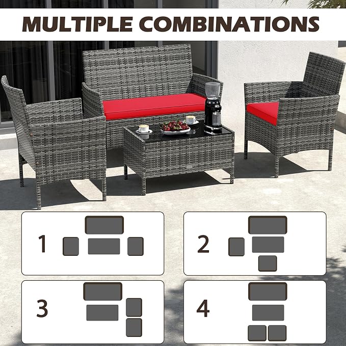 RELAX4LIFE 8-Piece Patio Furniture Set - Rattan Outdoor Conversation Bistro Set w/Cushions, Glass Coffee Table, Wicker Chairs & Loveseat for Garden Backyard Porch, Balcony Furniture (2, Mix Grey-Red)
