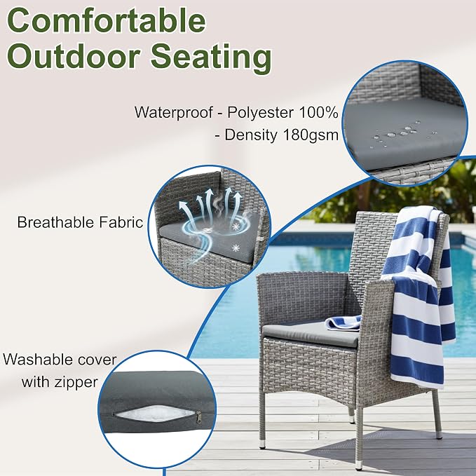 GIANGSUNNY 4 Piece Patio Furniture Set, Outdoor Hand-Woven Wicker Rattan Conversation Set with Double-Sided Tempered Glass Table, Weather-Resistant Seating for Patio, Balcony, Porch, Garden (Grey)