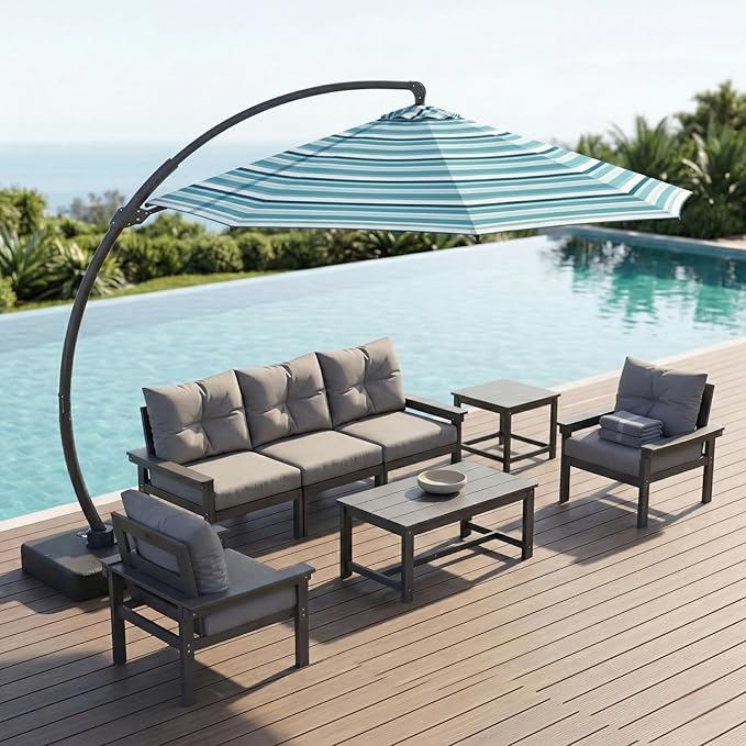 11 FT Cantilever Umbrella with Base Included, Large Round 360° Rotation Offset Umbrella Outdoor Patio, Heavy Duty Aluminum Frame, Sand-Weighted Stand, for Deck, Backyard, Pool, Garden (Blue and green stripes)
