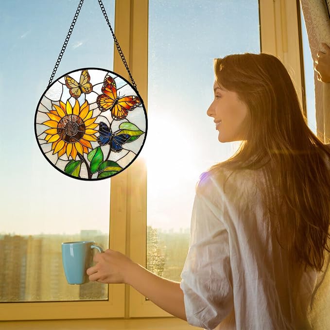 DASTOLL Stained Glass Window Hanging, Butterfly and Sunflowers Sun Catchers Glass Panel Plant Insects Suncatcher Decor for Birthday for Women, Men, Wife, Aunt, and Mom 9.8 in