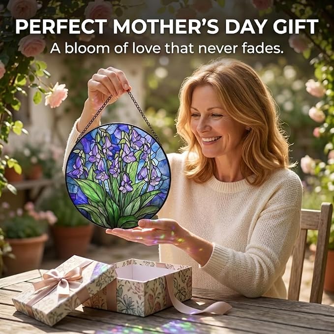 Birthday Gifts for Women - Violet Flowers Faux Stained Glass Window Hanging Sun Catcher for Door Garden Acrylic Decor Mother's Day Christmas for Mom Nana Grandma Sisters Wife 9.8"