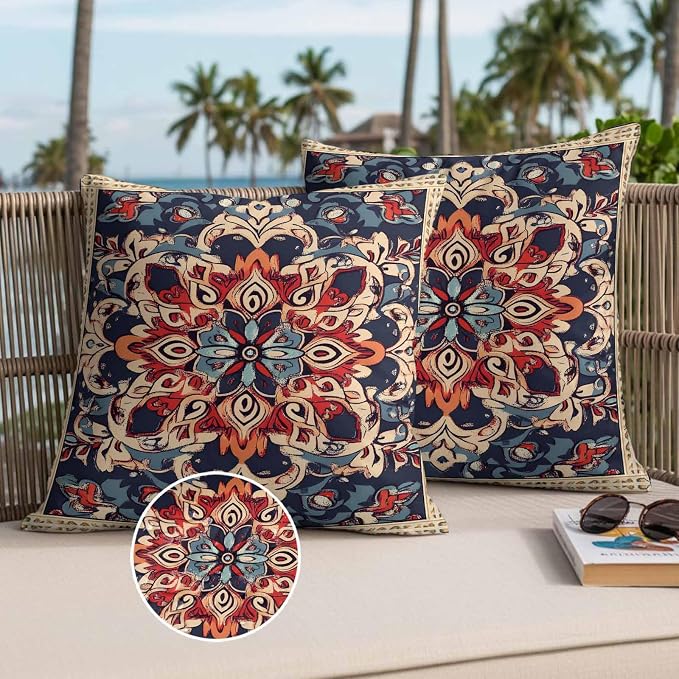 Bohemian Waterproof Outdoor Pillow Covers Set of 2 Home Decor, Blue Retro Boho Ethnic Farmhouse Colorful Pillowcase Patio Pillow Covers for Couch Bench Furniture Garden 18x18in