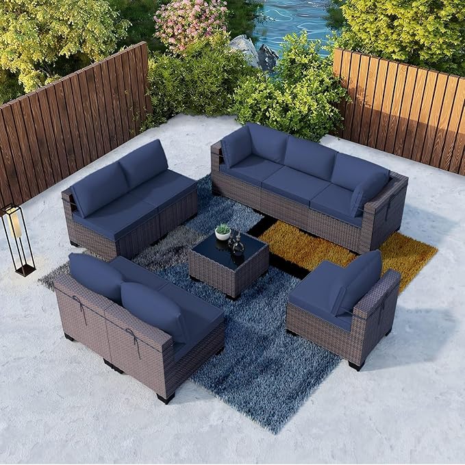 9 Pieces Outdoor Patio Furniture Set Brown Rattan Sectional Sofa with Manual Wicker, Cushions and Covers, Tempered Glass Tea Table Patio Conversation Set for Backyard Garden Lounge(Blue)