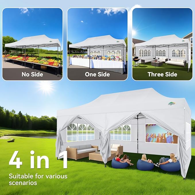 COBIZI 10x20 Pop up Canopy Tent Heavy Duty, Easy Set-up Commercial Outdoor Party Tent, 100% Waterproof Wedding Tents Gazebo, 3 Height Adjustable with Wheeled Bag, Clean White