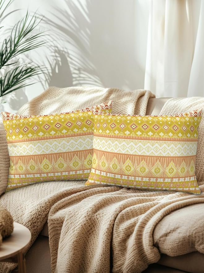 Waterproof Outdoor Pillow Set of 2 Yellow Bohemian Decorative Throw Pillows Cover & Insert 20x12 Inch Lumbar Pillowcase Boho Style Floral Leaves Geometric Pillows for Couch Sofa Bed Patio Furniture