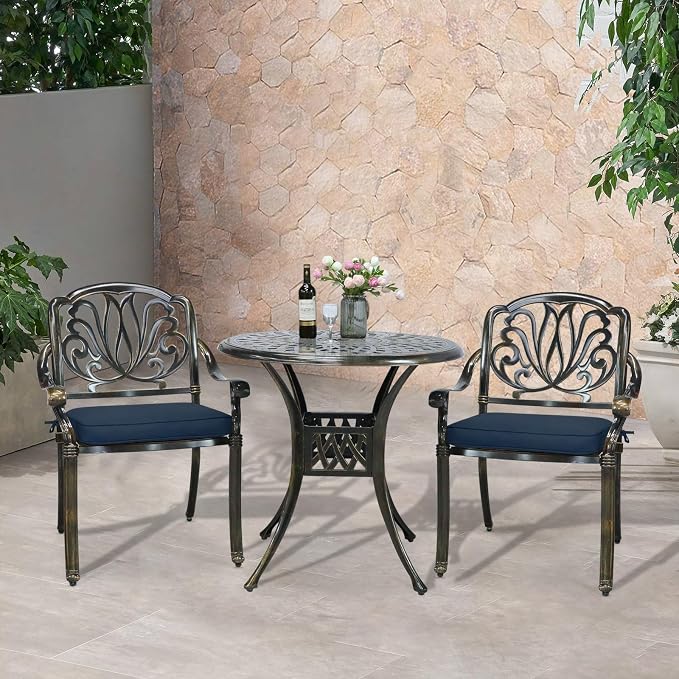 VIVIJASON 3-Piece Patio Furniture Dining Set, All-Weather Cast Aluminum Outdoor Bistro Set, Include 2 Chairs, 2 Cushions and 31" Round Table w/Umbrella Hole for Balcony, Backyard, Navy Blue Cushion