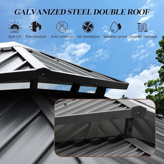 GARTOO 12'x14' Outdoor Hardtop Gazebo with Double Roof - Heavy-Duty Galvanized Steel Top Aluminum Frame Gazebowith Solar LED Light, Breathable Netting & Privacy Curtain for Patio,Garden, Backyard