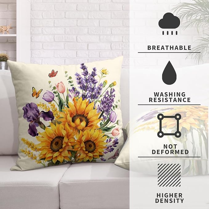Butterfly Sunflower Pillow Covers Purple Lavender Flower Throw Pillow Covers 16x16 Spring Summer Iris Tulip Pillow Cases Retro Rustic Floral Cushion Cases for Sofa Couch 2 Pack