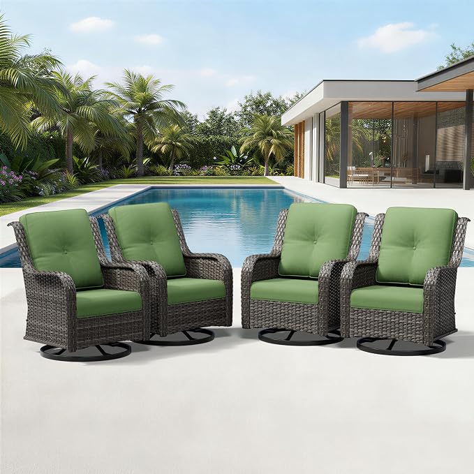 Joyside 4 Piece Outdoor Swivel Rocker Patio Chairs, Wicker Patio Furniture with High Back, Deep Seating, Wide Armrest, Thickened Cushions, Outdoor Rattan Furniture for Deck, Porch Use