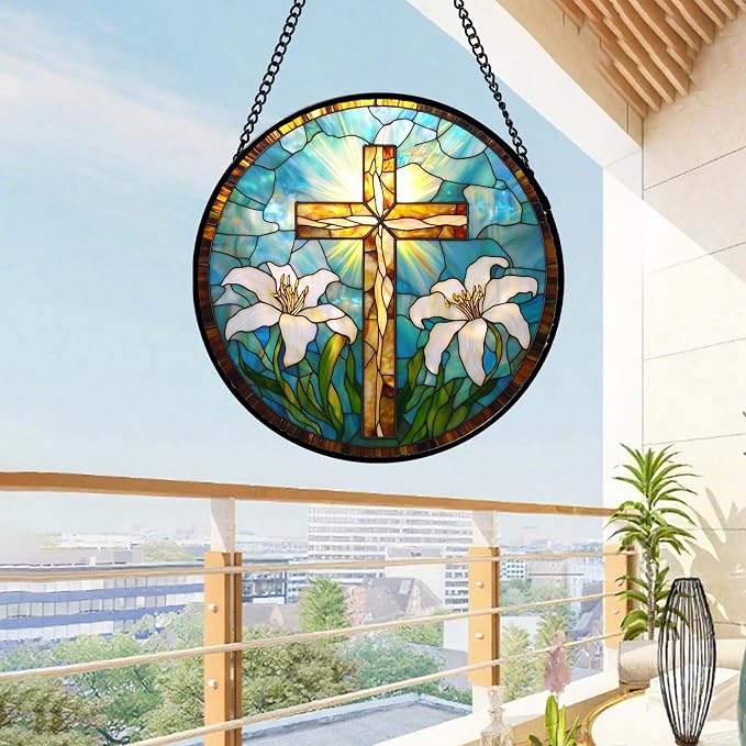 DASTOLL Christian Gifts for Women - Cross Stained Glass Window Hanging Jesus Easter White Lily Flower Sun Catcher Garden Religion Decor Mother's Day Catholic Gift for Men Grandma Mom Her Nana 11.8"