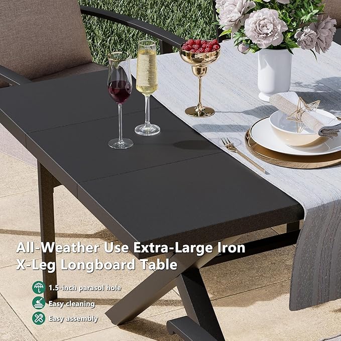 Kullavik 7 Pieces Outdoor Dining Set,Patio Dining Table and Chairs Set for 6,Fence Pattern Back Chairs with Thickened Cushions & Rectangular Metal Dining Table with Umbrella Hole for Patio,Sand