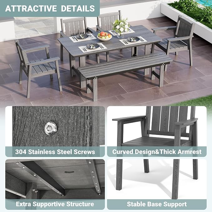 Pamapic 6 PCS Outdoor Dining Set, Spacious HDPE Outdoor Table with 4 Chairs and 1 Bench, Wood Grain Patio Furniture Sets with Elegant Armrest, All-Weather Patio Dining Table with Umbrella Hole, Gray