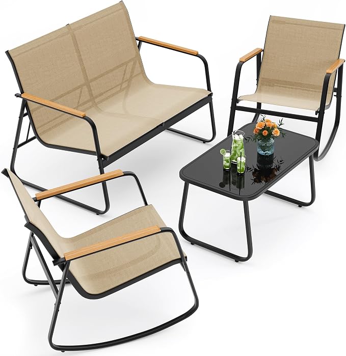 Ahomly Outdoor Patio Furniture Set 4 Pieces, Conversation Textilene Fabric Chairs with Coffee Table Rocking Chairs Bistro Set for Backyard, Poolside, Porch (Brown)