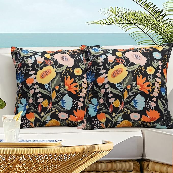 Floral Outdoor Throw Pillow Covers 20x20 Waterproof Colorful Summer Spring Garden Decorative Square Patio Pillows Outdoor Pillows Covers for Patio Furniture Set of 2 (No Pillow Insert)