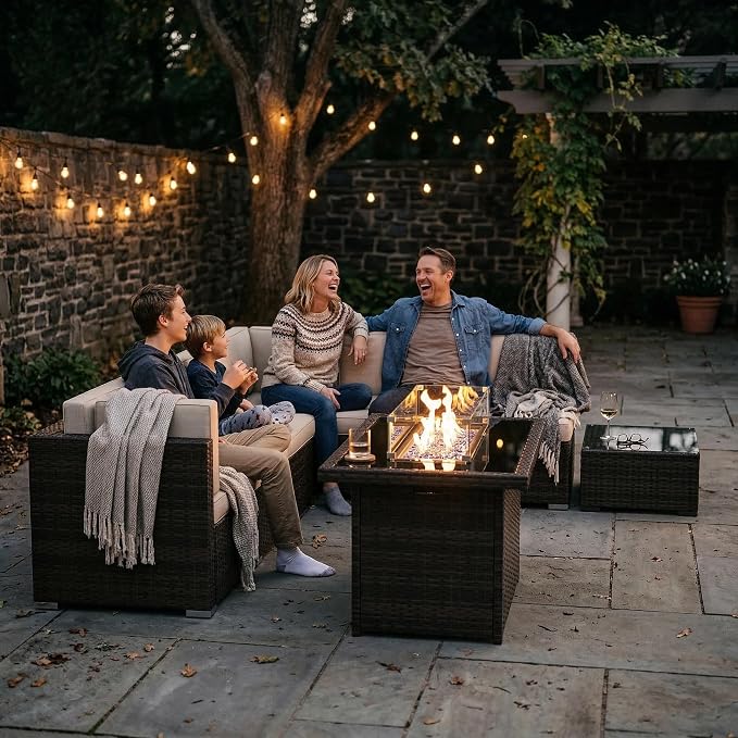 8 Pieces Patio Furniture Set with 44" Propane Gas Fire Pit Table, Outdoor Sectional Brown Rattan Wicker Conversation Sofa Sets with Coffee Table