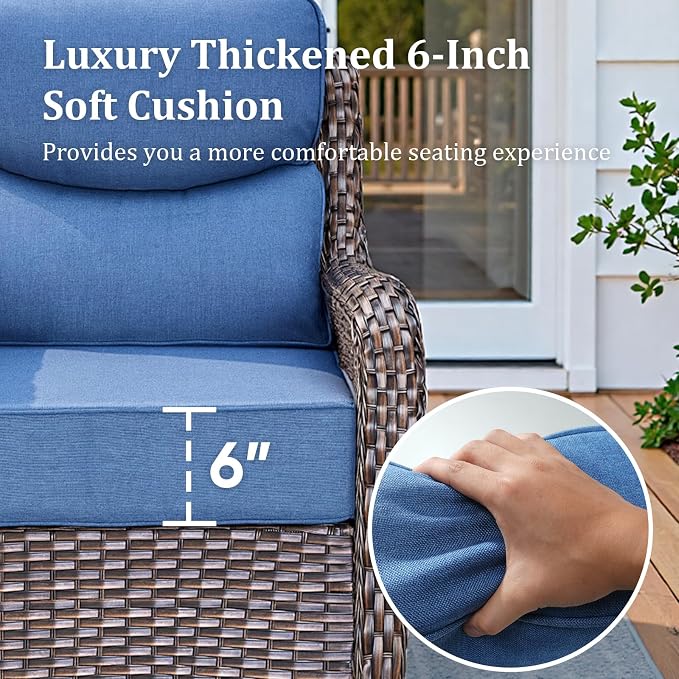 Luxury High Back Patio Furniture Set with 6-Inch Thick Cushions, 6-Pieces Outdoor Furniture with Swivel Chairs, Wicker Conversation Set for Porch, Balcony, Deck and Yard, Brown/Blue