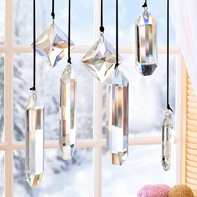 Set 7 Clear Crystal Prisms Suncatchers Window Hanging, Modern Grief Gift | Hanging Crystals,Glass Ornament For Christmas Tree,Rainbow Maker,Sun Catcher Indoor Window,Home Garden Decoration,Glass Prism