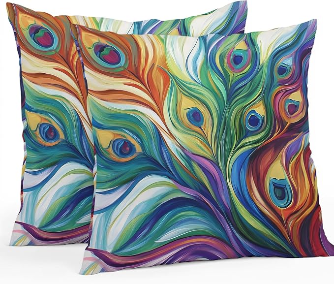 Colorful Peacock Feathers Outdoor Pillow Covers 18x18 Inch Throw Pillow Covers Set of 2 Waterproof Decorative Pillow Cases Oil Painting Abstract Art Cushion Covers for Patio Furniture Garden Couch