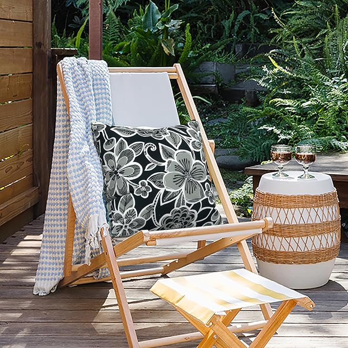Outdoor Pillows for Patio Furniture 16x16 inch, Square Outdoor Throw Pillows with Inserts, Decorative Patio Pillows for Garden Couch Home Sofa Office Chair, Pack of 2,Flower Black