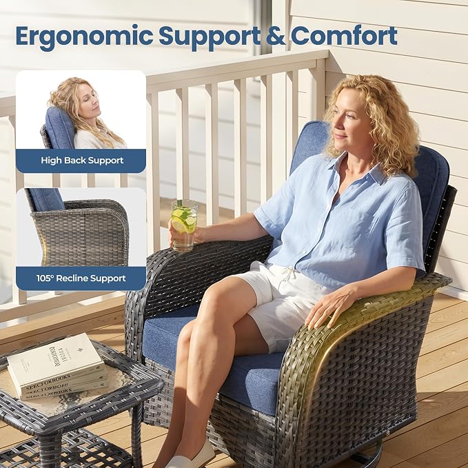 Weaxty Wicker Patio Furniture Set with Swivel Rocker Chairs Outdoor Loveseat Sofa and Rattan Coffee Table, 5 Pieces Outdoor Conversation Sets for Patio Porch Deck Backyard Poolside,Beige