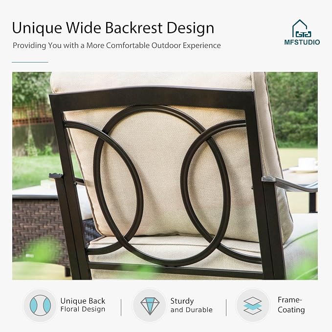 MFSTUDIO 4 Pieces Outdoor Patio Furniture Set, Metal Outdoor Conversation Set, Rattan Wicker Patio Sectional Set with 2 x Fixed Single Sofa, 3-Seat Sofa, 1 x Fire Pit Table, Beige