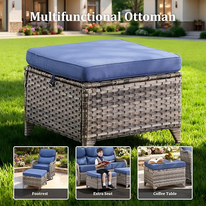 Luxury Patio Furniture Set with 42.5" Fire Pit Table, 10 Pieces High Back All Weather Wicker Outdoor Furniture w/ 6-Inch Thick Cushions, Patio Swivel Chairs Couch for Deck Balcony Backyard Grey/Blue