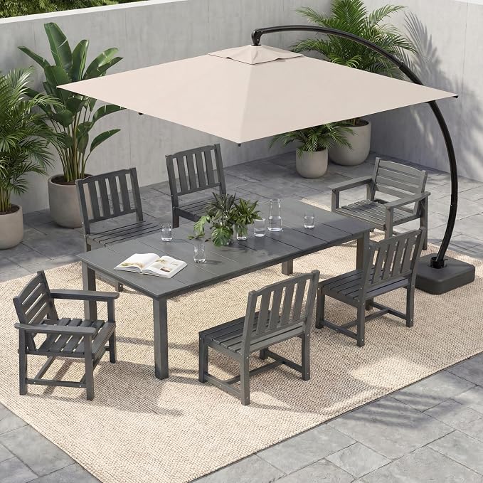 7-Pc Outdoor Dining Set, 10x10FT Cantilever Umbrella for 6,Gray | HDPE table, chairs included, aluminum frame, weather-resistant furniture, perfect for yard, lawn, garden, deck