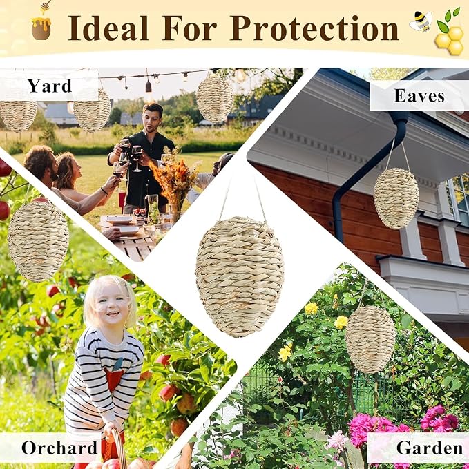 2 Pack Large Fake Wasp Nest Decoy, Woven Reed Wasp Hornet Decoys, Waterproof Faux Hornets Nest, Outdoor Hanging Decoration for Patio, Garden, Eaves