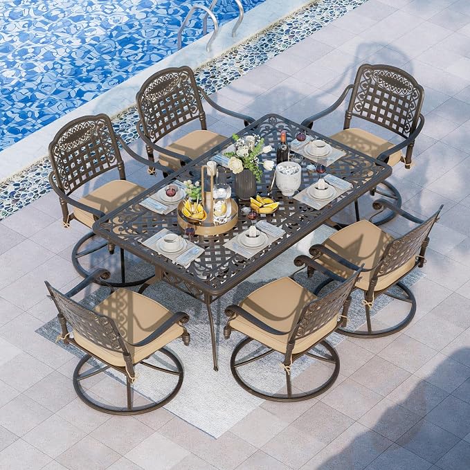 Grepatio 7 Piece Patio Dining Set Outdoor Dining Set Cast Aluminum Furniture Set with 6 Swivel Dining Chairs and Dining Table for Backyard Garden Deck Poolside (Grid Khaki)