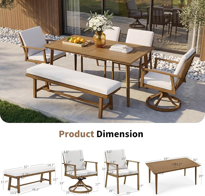2-Person Outdoor Bench with Detachable Cushion, Rust-Free Aluminum Garden Bench, Indoor Outdoor Dining Bench with 550 lbs Weight Capacity for Backyard, Poolside, Porch, Teak