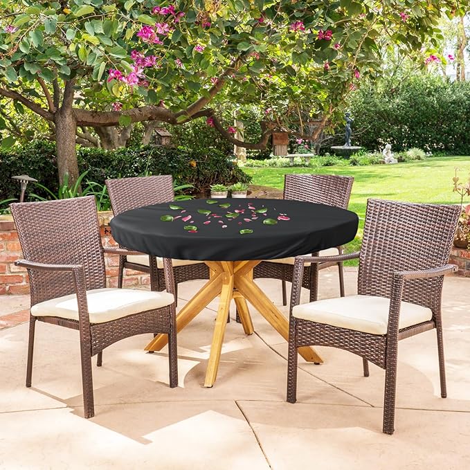 Outdoor Round Table Cover Waterproof UV-Resistant for 42 Inch Diameter Patio Tables - Heavy Duty Weatherproof Table Top Protector with Elastic Hem (Black)