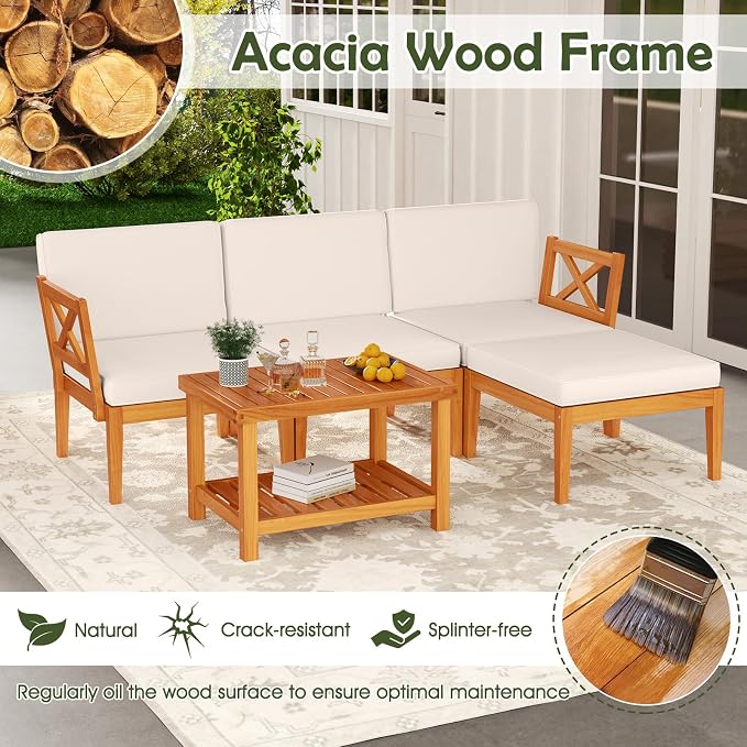 Tangkula L Shaped Outdoor Furniture Set, 5 Pieces Acacia Wood Patio Conversation Set, Modular Outdoor Lounge Sofa Set w/Cushions and Coffee Table for Garden, Backyard, Poolside
