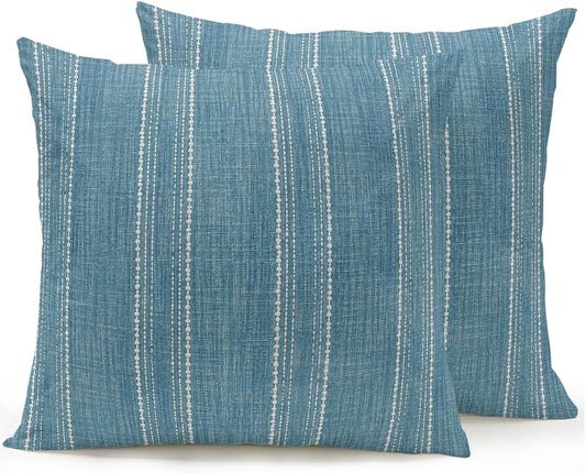 Waterproof Outdoor Pillow Set of 2 Coastal Blue Linen Stripes Decorative Throw Pillows Cover & Insert 18x18 Inch Pillowcase Parallel Vertical Lines Pillows for Couch Sofa Bed Patio Furniture
