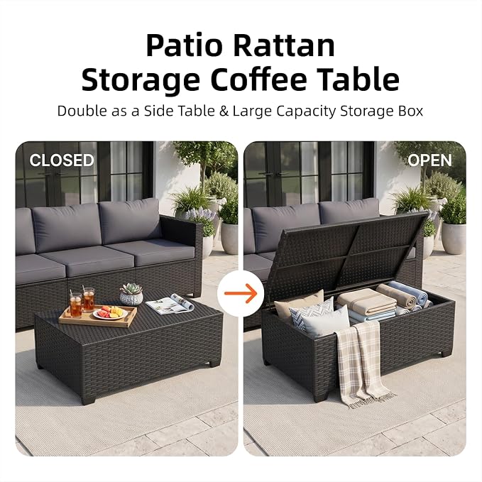 LazySunsets 7-Piece Outdoor Patio Furniture Set, Rattan Outdoor Sectional with Thick Waterproof Cushions, Wicker Ottomans & Waterproof Cover, Patio Conversation Set for Garden, Backyard,Grey