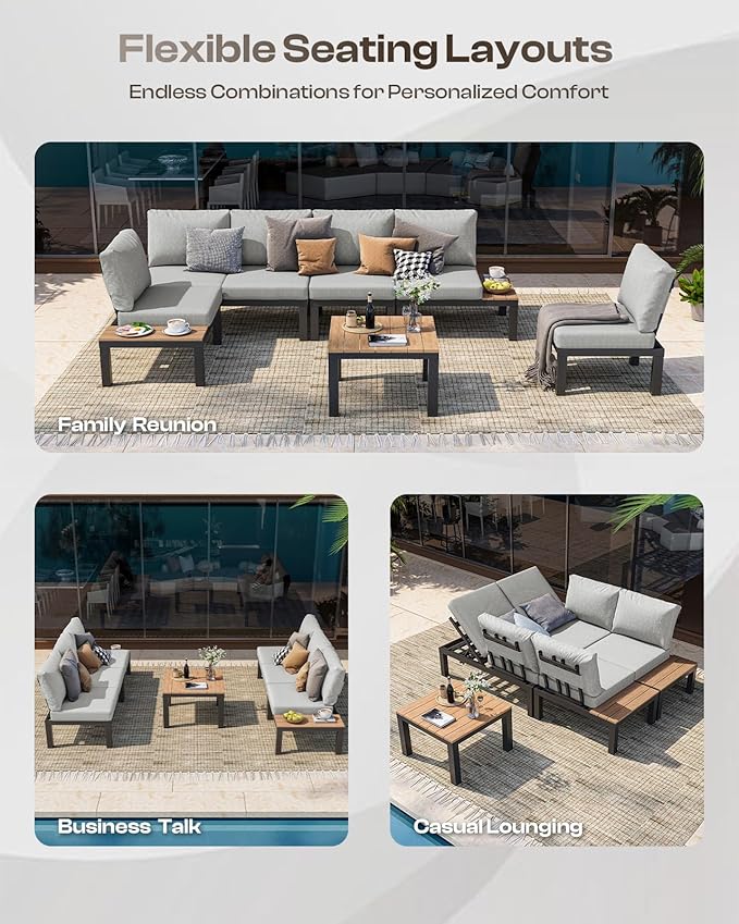 Aluminum Modular Outdoor Patio Furniture Set, 8 Seats Sectional Sofa Set with Adjustable Backrest & Thick Cushions, All-Weather L-Shaped Corner Set with Table for Garden & Yard, Gray