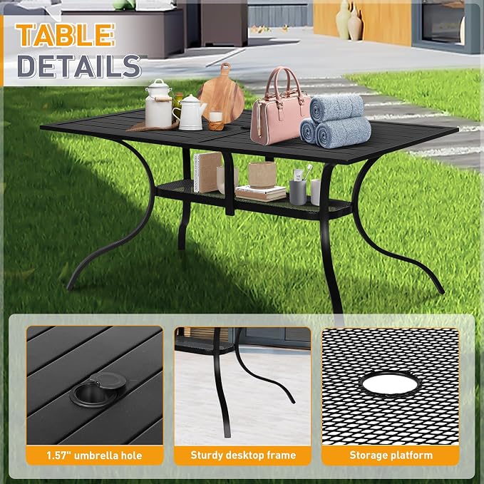 Incbruce 7 Pcs Outdoor Dining Set Wrought Iron Patio Dining Set with Sky Blue Umbrella, Dining Furniture Set (6 Dining Chair and 1 Rectangular Table with 1.57" Umbrella Hole) -Metal Tabletop