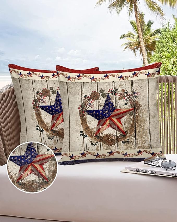 4th of July Outdoor Waterproof Throw Pillow Cover Farm Country Star USA Flag Decorative Pillows Cushion Covers Berry Plant Wreath Wood Grain 2 Pack Pillow Cases for Patio Garden Balcony 16x16In