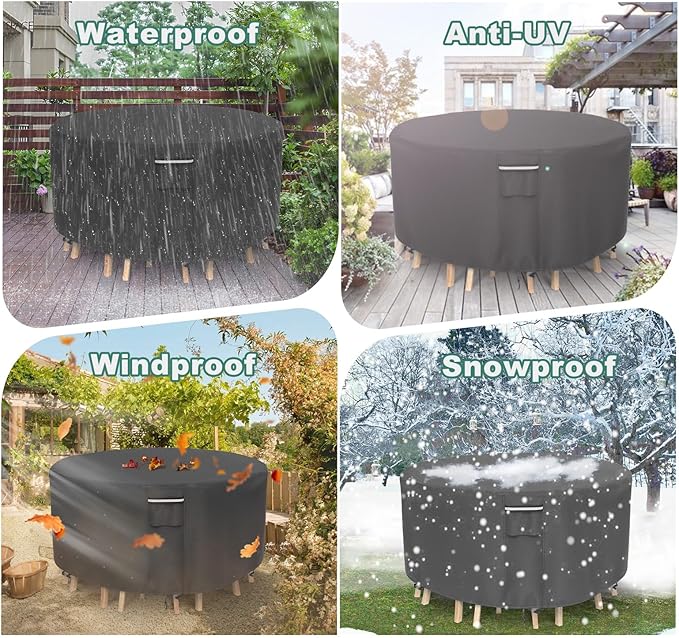 Round Patio Furniture Covers, 500D Heavy Duty Waterproof UV Resistant Cover for Round Outdoor Dining Table & Chairs,96" Dia x 28" H -Black