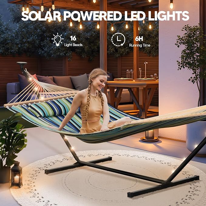 SUNCREAT Hammocks Stand Alone Hammock with Solar Powered Lights, Portable Standing Hammock, Green