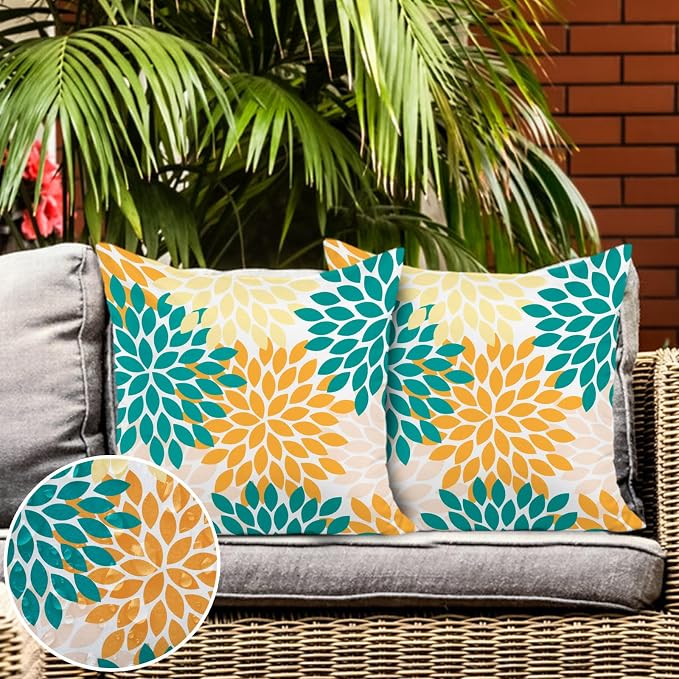Yellow Blue Dahlia Floral Outdoor Pillow Covers 18x18 Set of 2 Waterproof Abstract Flower Summer Decorative Outdoor Pillow Covers for Patio Furniture Porch Couch Home Decoration (Teal Orange)