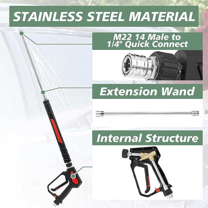 RIDGE WASHER Pressure Washer Gun 5000 PSI, 12 GPM, Power Washer Gun with Stainless Steel Extension Wand, Detachable M22 14 Male to 1/4" Quick Connect, 360° Swivel 3/8'' NPT Thread, M22 Fitting