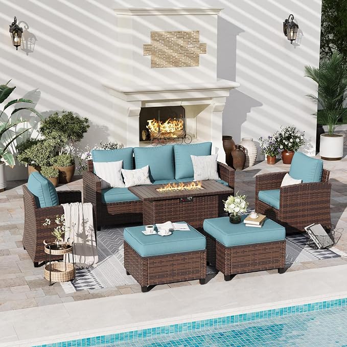 6 Pcs Patio Furniture Set with 44" Propane Gas Fire Pit Table, Rattan Outdoor Couch with Ottomans, 4" Thick Cushions for Backyard Garden Deck,Light Blue