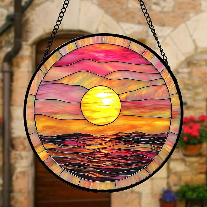 DASTOLL Stained Glass Window Hanging, Sunrise Sea Surface Sun Catchers Diamond Glass Panel Hangings Abstract Suncatcher Decor for Birthday for Women, Men, Wife, Aunt, and Mom 6.3 in