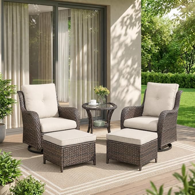 Rilyson Wicker Patio Furniture Set - 5 Piece Rattan Outdoor Sectional Conversation Sets with 2 Swivel Rocking Chairs,2 Ottomans and 1 Side Table for Porch Deck Garden(Brown/Beige)