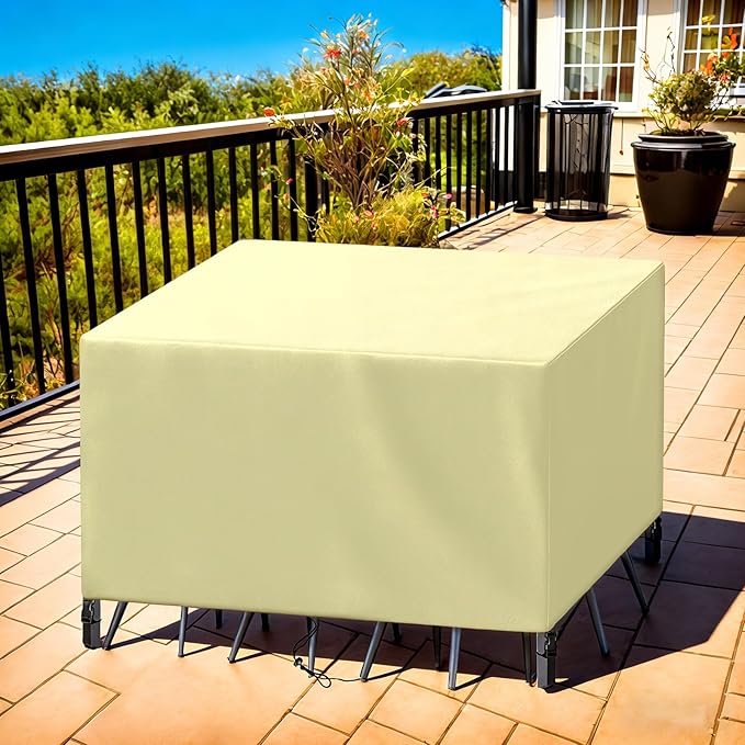 Patio Furniture Cover Rectangle 116"(L) x 56"(W) x 40"(H), Custom Heavy Duty 420D Waterproof Outdoor Cover with Drawstring & Buckles for Table Chair Garden, Cream
