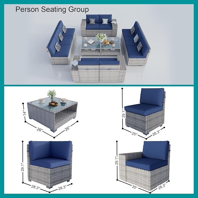 12-Piece Patio Furniture Set, Outdoor Extra Wide Armrest Modular Sectional Sofa, All-Weather Dual-Strand Rattan PE Wicker Conversation Set with Coffee Table for Porch Garden Balcony, Blue
